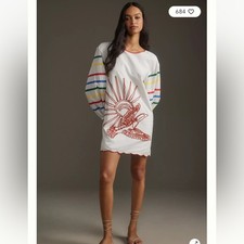 Farm Rio Long Sleeve Scallop Embroidered Mini Dress Size XS NWT