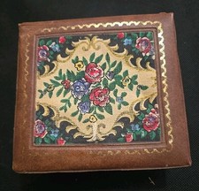 Vintage Sqaure Faux Leather Floral Tapestry Jewelry Box Hong Kong Made 