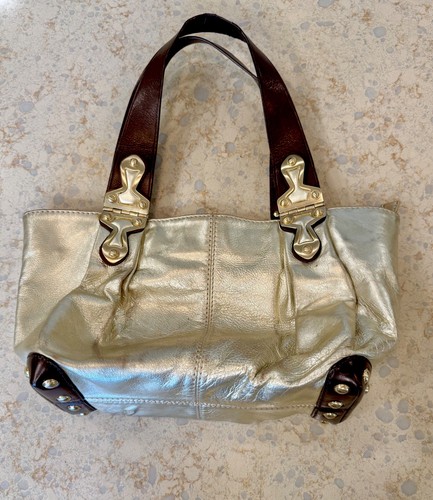 Vintage Michael Kors Gold Metallic Tote, Brushed Gold Hardware 6 Compartments - Picture 3 of 15