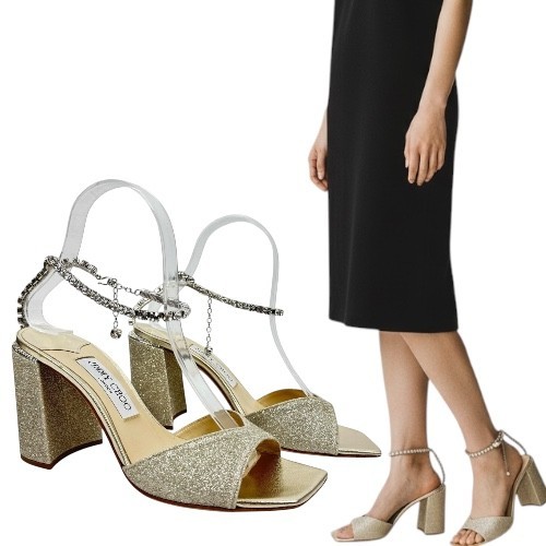 New Jimmy Choo Saeda Block Heel Glitter Crystal Sandals Platinum Womens Size 38