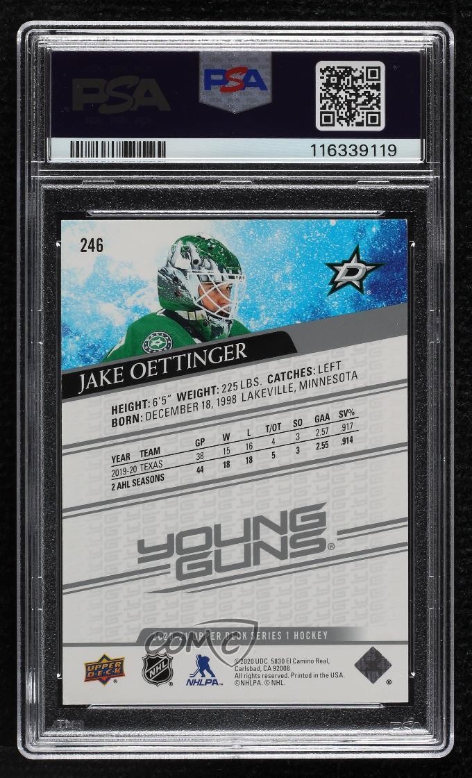 2020-21 Upper Deck Young Guns Jake Oettinger #246 PSA 8 Rookie RC view 2