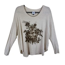 CAbi Forces of Nature Airbrush Tee Long Sleeve Brown Cream Floral Oversized Sz S