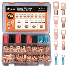 220pcs Battery Cable Ends Kit,AWG 2/4/6/8/12 Copper Lugs,Heavy Duty Wire lugs...