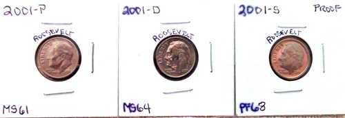 2001-P MINT STATE / 2001-D MINT STATE / 2001-S HIGH END PROOF ROOSEVELT DIMES