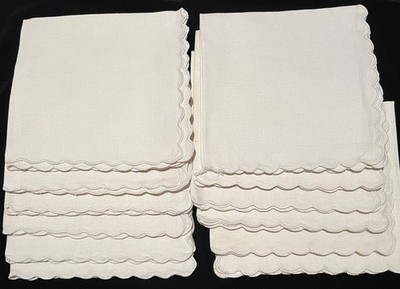 12 Vintage Linen Napkins Ivory Scalloped Edge 16x14 Wedding Event Set Free Ship