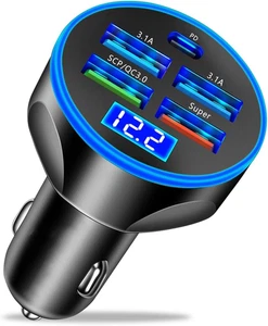 5 Port USB Car Charger, 250W Super Fast Charging Cigarette Lighter Adapter with