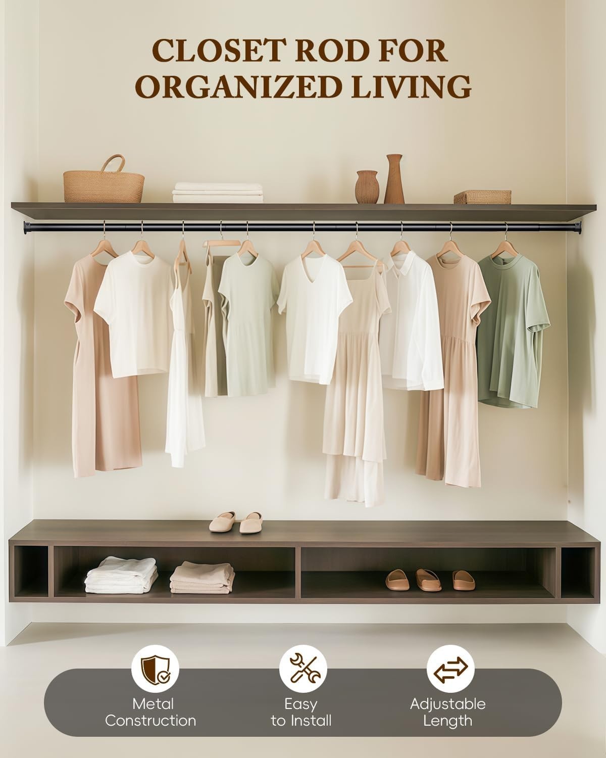 Closet Rod 17-54 IN, Heavy Duty Closet Hanging Rod for Clothes, Adjustable Cl...