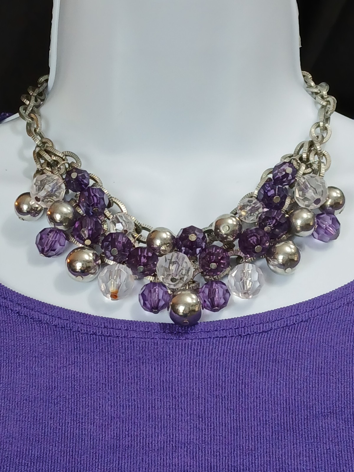 Crystal Cluster Statement Necklace Clear, Purple … - image 1