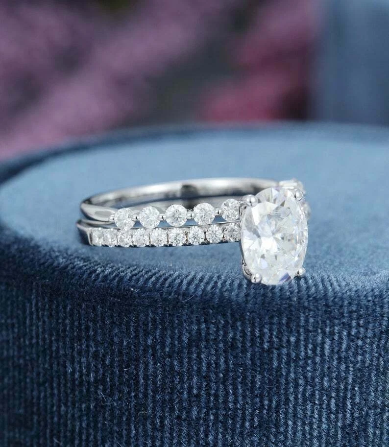 Anello da sposa in oro bianco massiccio 14 kt con diamanti taglio ovale... - Bild 3 von 4