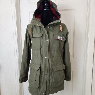 Penfield Kasson Women's Hooded Jacket Green Red Plaid Parka Snaps Pockets XS