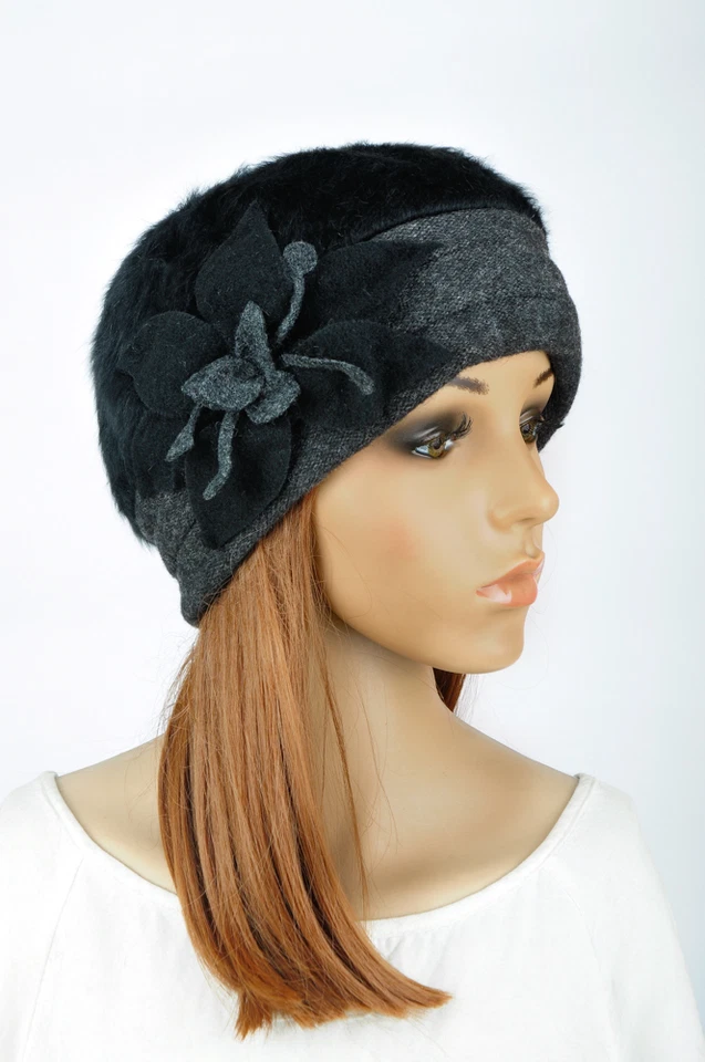 NM318 Negro y Gris Precioso Flor Mezcla Lana Invierno Sombrero Gorra Boina Gorro ESQUÍ Nuevo Foto 3 de 4