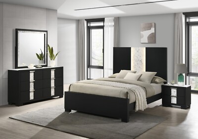 5Pc Beautiful Master Bedroom Suite in Black White Finish Queen Sleek Bed Set