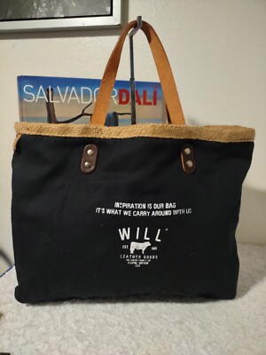 Will Leather Goods Large Reversible Blue Burlap & Leather Bag, Feed Sack