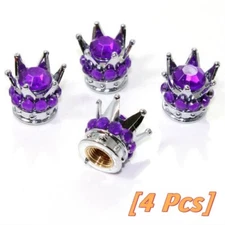 4 Car Crown Tire Valve Cap Purple Bling Diamond Chrome Plated Crown Tire Valve