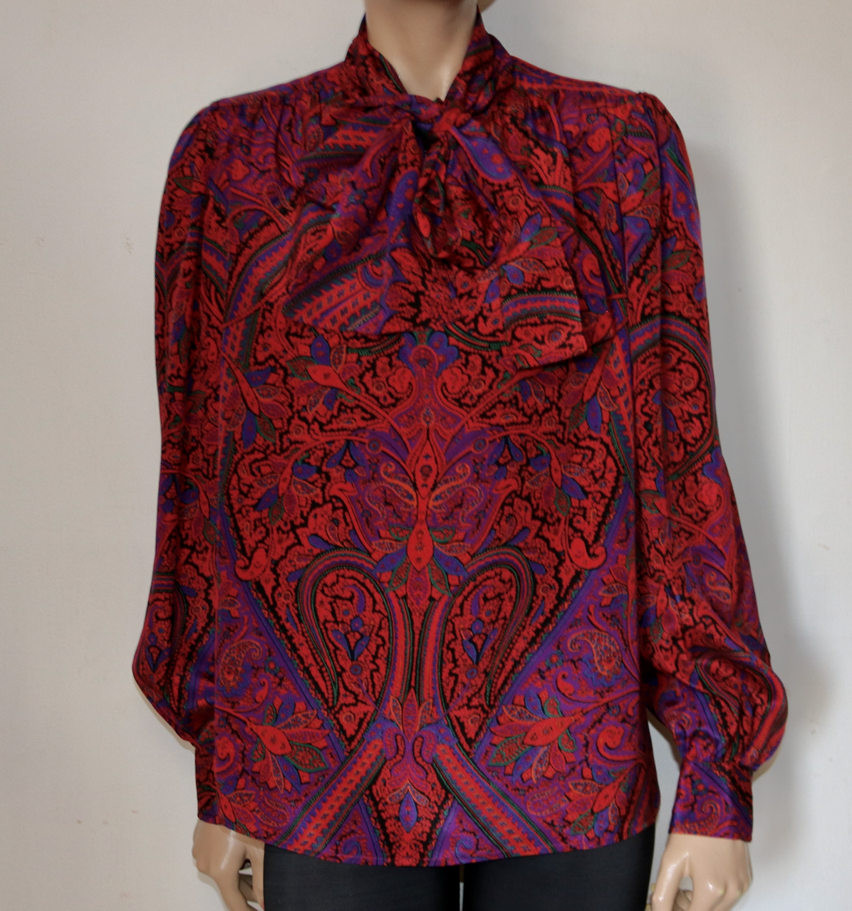 Camicia Saint Laurent Rive Gauche vintage pussybow paisley seta top YSL 40