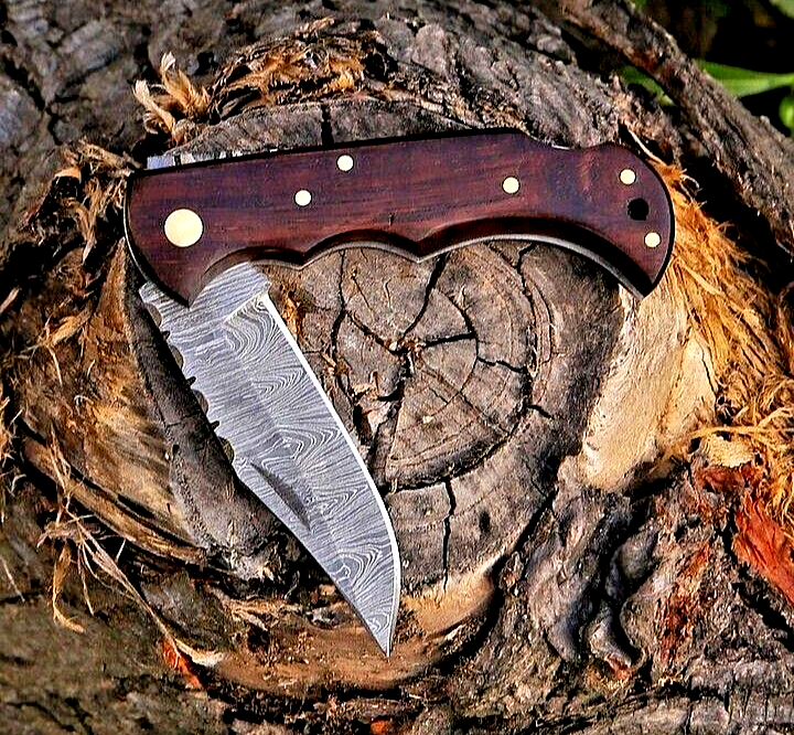 CUSTOM MADE FORGED DAMASCUS STEEL FOLDING BLADE POCKET KNIFE WOOD HANDLE 1296