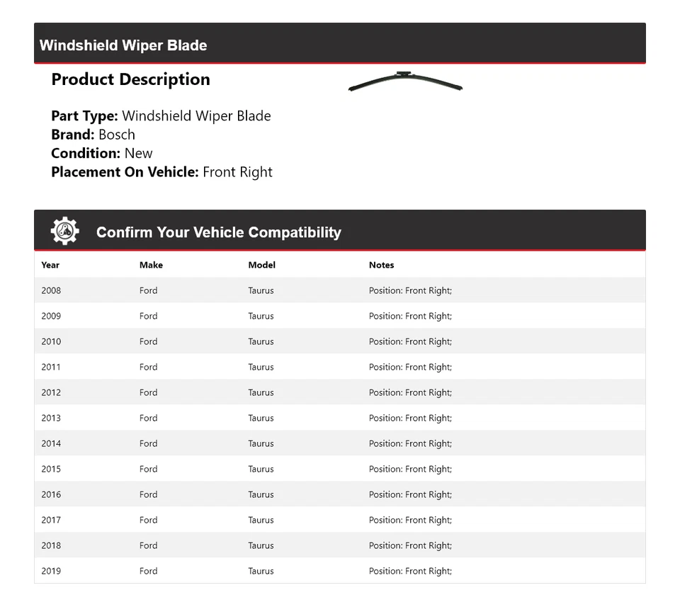 Limpiaparabrisas delantero derecho 2009 para Ford Taurus Bosch ICON 2008-2019 Foto 2 de 4