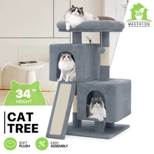 34'' Cat Tree Tower Scratching Board Posts Bed Furniture Multi-level Light Gray