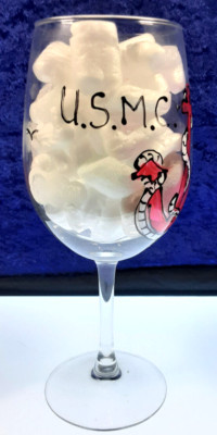 ''U S M C / Anchor'' handpainted on Stemmed Wine Glass - NEW