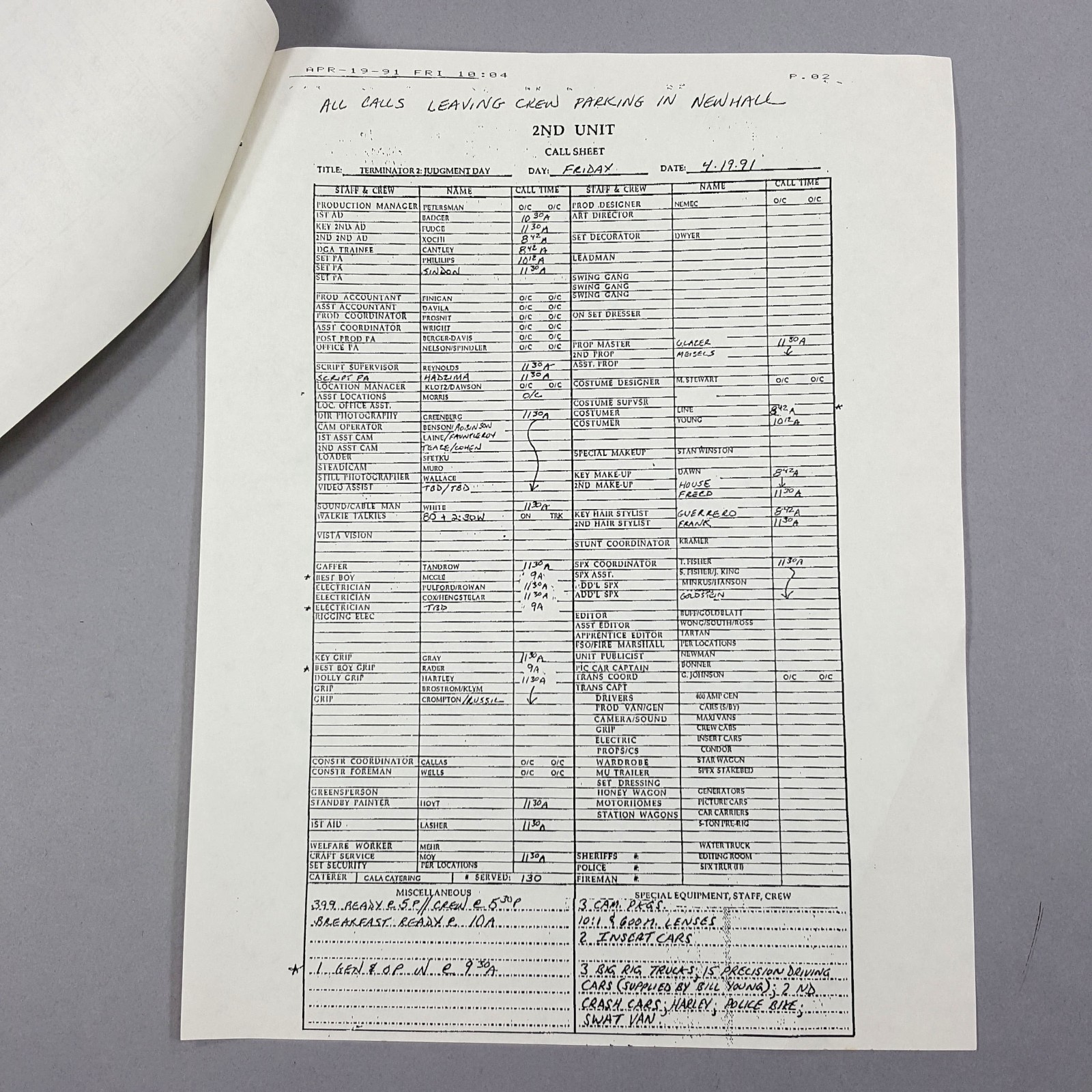 Image 6 of Terminator 2 - Production Used Call Sheet, Exterior Mall and Freeway, Terminator