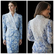 VTG Jessica McClintock Formal Skirt Suit Set Blue Floral Lace Victorian Sz 10
