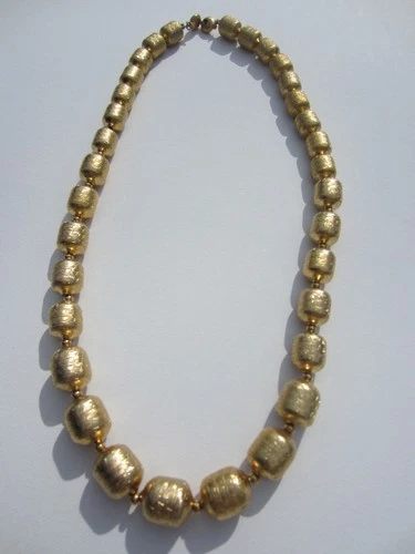 VTG~Monet~Engraved/Etched Mini-Barrel Beads Shimmer Gold Metal Necklace~27.5"