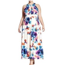 Eliza J Multicolor Empire Waist Chiffon Floral Halter Style Maxi Dress Size 14