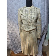 St John Marie Gray Knit Skirt Set Cardigan Pleated Midi Gold Green Vintage READ