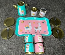 VTG Llama Children's Tin Tea Set Pink Blue 15 Pc.
