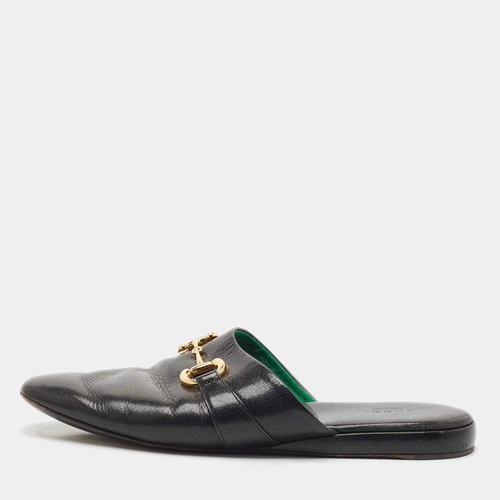 Gucci Black Leather Horsebit Flat Slides Size 41