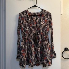 Free People Mini DressBoho Floral Tassel Long Sleeve check measurements for size