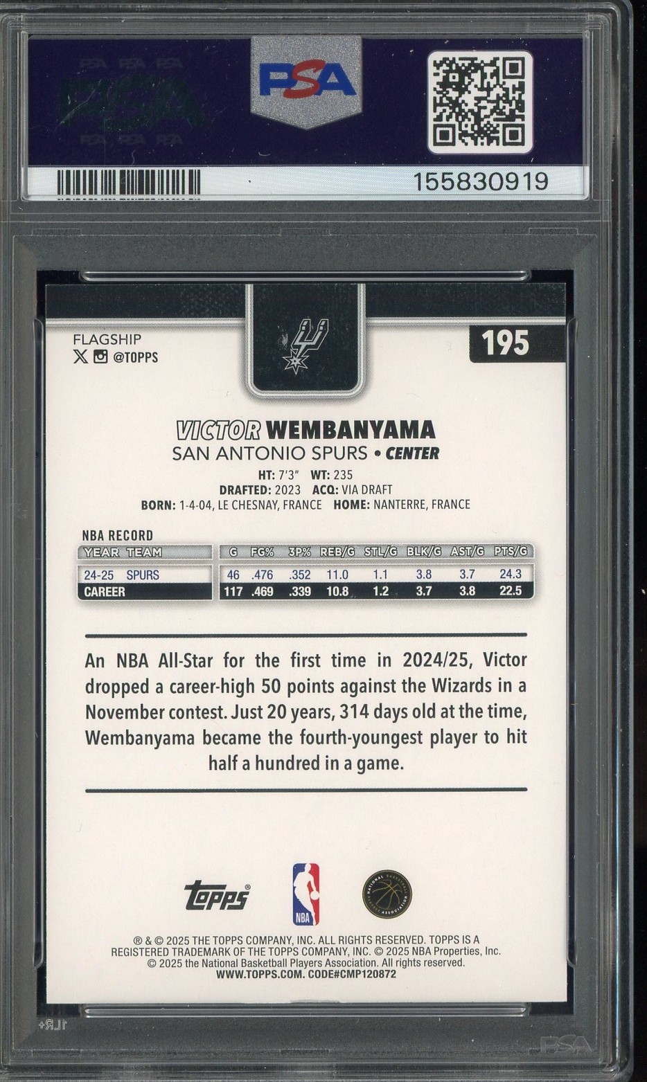 2025 Topps Victor Wembanyama Crackleboard Foil RC Rookie #195 PSA 10 GEM MINT view 2