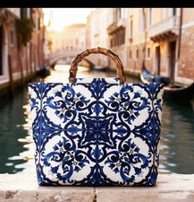 Blue And White Patterned Printed Women'S Large Capacity Tote Bag,