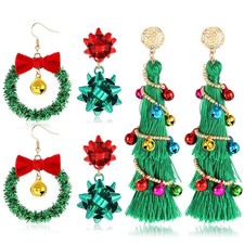 Christmas Earrings for Women Xmas Wreath Bow Earrings Long Tassel Christmas Tree