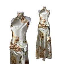 Vintage Floral Satin Halter Maxi Dress: Y2K Prom Dress Evening Gown