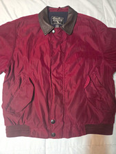 Vintage Eddie Bauer Mens Burgundy Bomber Jacket Brown Leather Collar Lined Snap