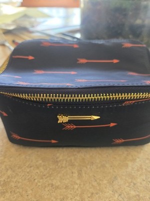 Stella & Dot Travel Makeup Bag Arrow Print Striped Interior Zipper Blue Orange