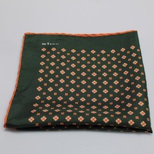 Kiton NWOT 100 Silk Pocket Square In Green with Orange  Cream Geometric Print