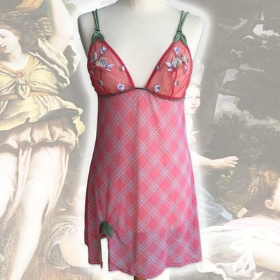 La Perla x Malizia y2k Sheer Pink Plaid Slip Nightdress with Green Trim