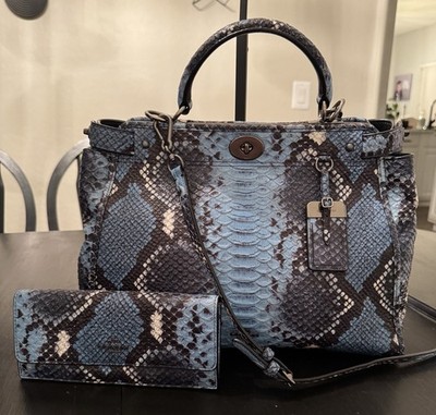 Coach Gramercy Satchel With Blue Python Embossed Leather And Matching Wallet