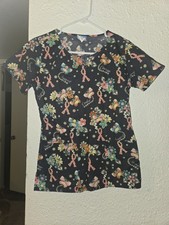 Black scrub top with pink ribbons and butterflies cancerawareness