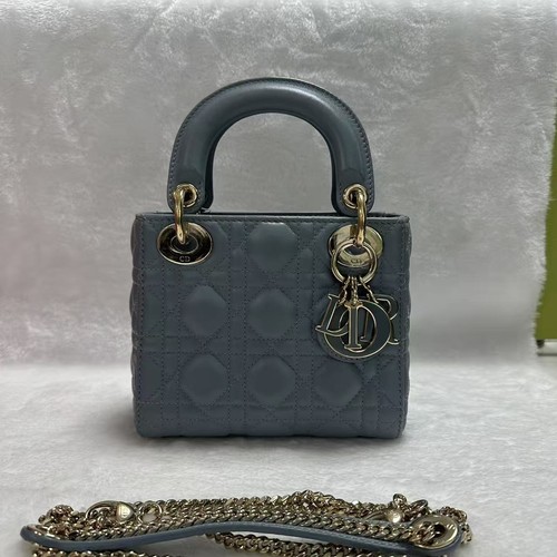 Authentic Dior Lady Dior mini Gray Leather Cannage Bag Gold Hardware