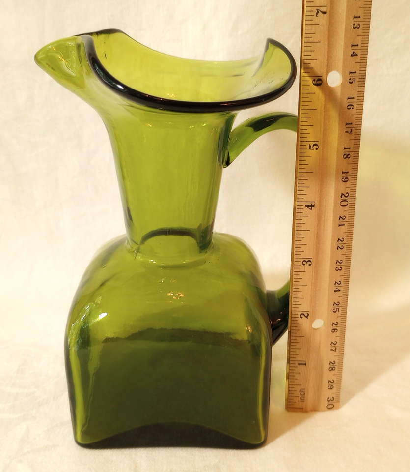 Handles With Ruffles Olive Green Glass Pitcher Ruffle Top Square Bottom Handle Vase Decor 7 ...
