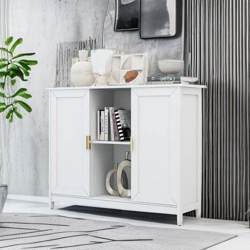 Storage Cabinet, Credenza Buffet Cabinet Wooden Coffee Bar Cabinet White - Picture 3 of 7