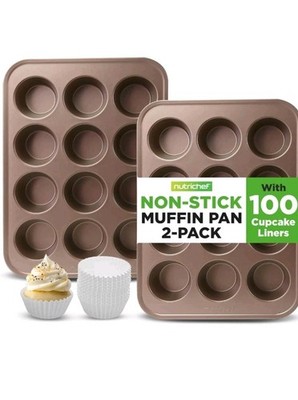 NutriChef 2er Pack 12 Tassen Muffinschalen, Spülmaschinenfest Cupcake Tablett, Schwarz. Neu