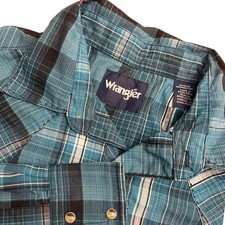 Wrangler Mens Teal Blue Plaid Long Sleeve Pearl Snap Western Shirt M 112337991