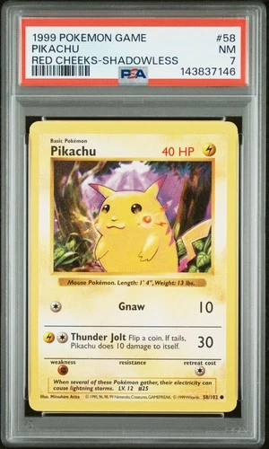 1999 Pokemon Base Set Red Cheeks Shadowless Pikachu #58 PSA 7