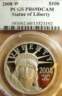 2008 W $100 STATUA PLATINO DELLA LIBERTA' PCGS PR69 DCAM MOLTO RARA SENZA RISERVA
