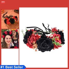 Day of the Dead Flower Headband Rose Crown Headpiece Red Black Handmade Cosplay