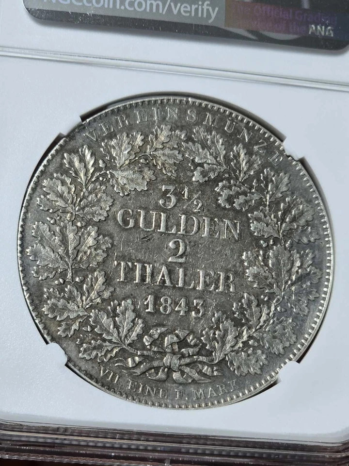 Alemania 1843 2 Thalers escena del río Frankfurt vista de la ciudad NGC AU detalles limpio RARO Foto 2 de 3
